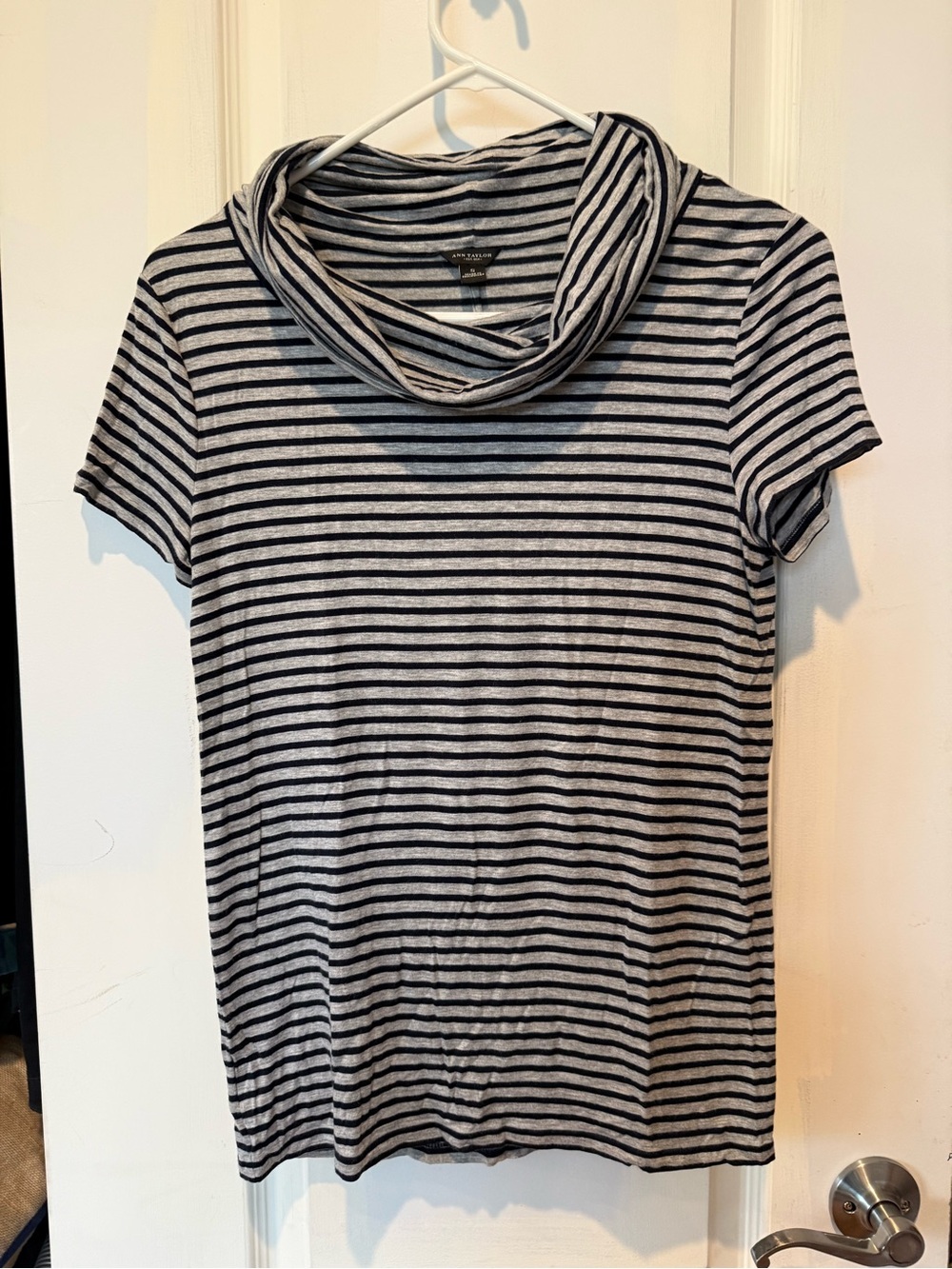 Ann Taylor stretchy black and gray striped short sleeve cowl neck